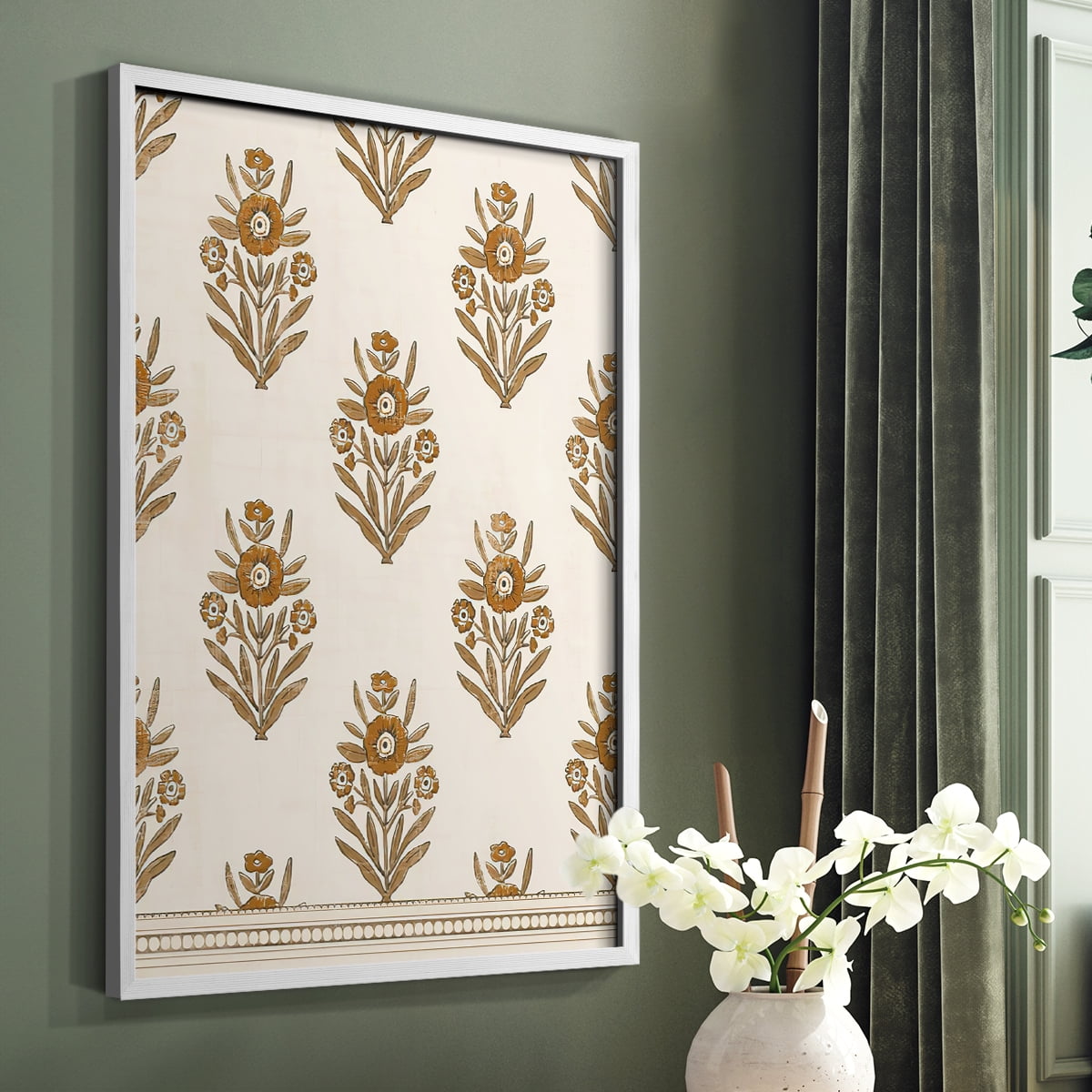 Block Print Blooms II Framed Print in White Solid Wood Framed Print No Nail Hanging