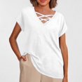 thumbnail image 2 of Camiseta holgada de manga corta con cuello en V lisa para mujer, poliéster spandex, top informal de verano, S-XXL, 2 of 4