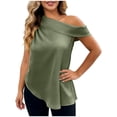 thumbnail image 3 of Rvasteizo Womens Summer Short Sleeve Off The Shoulder Blouses Shirts Solid Color Asymmetric Hem Satin Top, 3 of 5