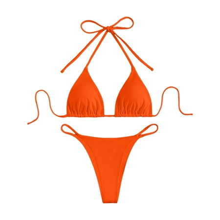 Jdkau Bikini Sets for Women Two Piece Triangle Bikini Set Sexy High Waisted Cheeky Swimsuit Halter Tie Back Bathing SuitsOrange XL