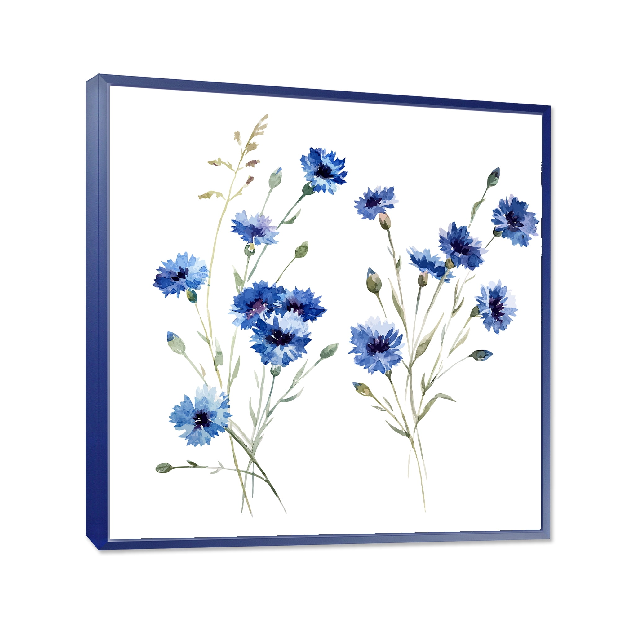 Designart 'Blue Cornflowers With Green Leaves On White III' Traditional Framed Canvas Wall Art Print