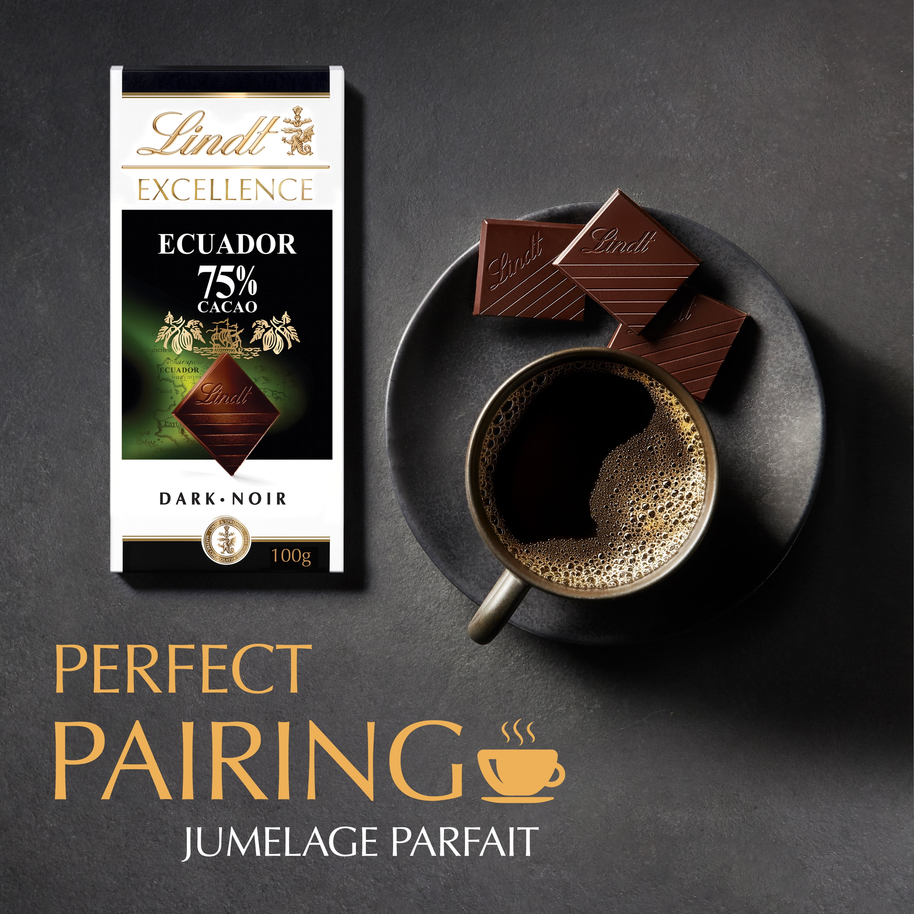 Lindt EXCELLENCE Ecuador 75% Cacao Dark Chocolate Bar, 100g, 100 g