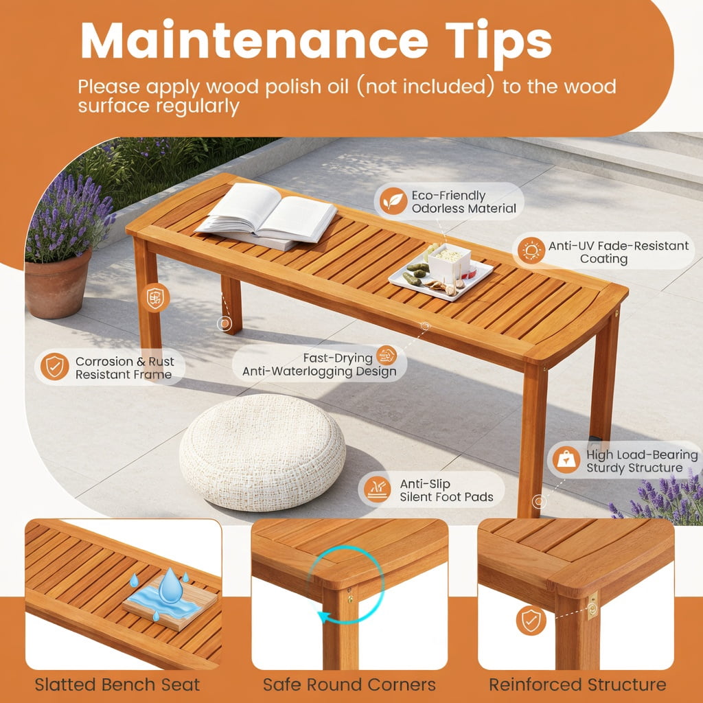 Hommoo Acacia Wood Outdoor Garden Bench, Slatted Seat, Weather-Resistant Patio Seating for 2, Natural