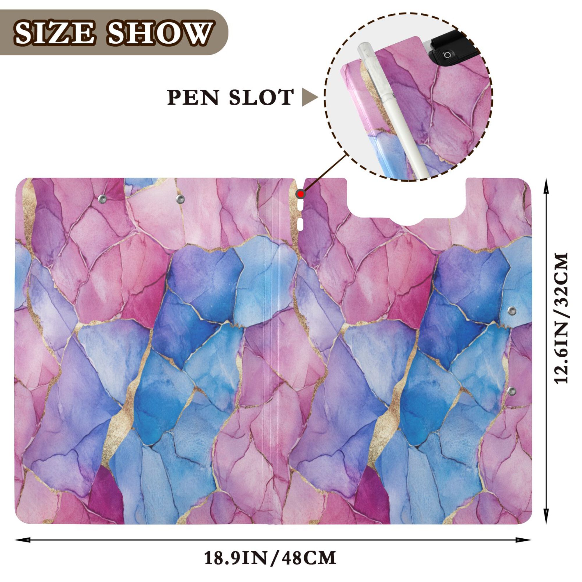FORMRS A4 Clipboard Folder with Pen Holder Horizontal Foldable School Office Binder, Watercolor Blue Marble Pattern