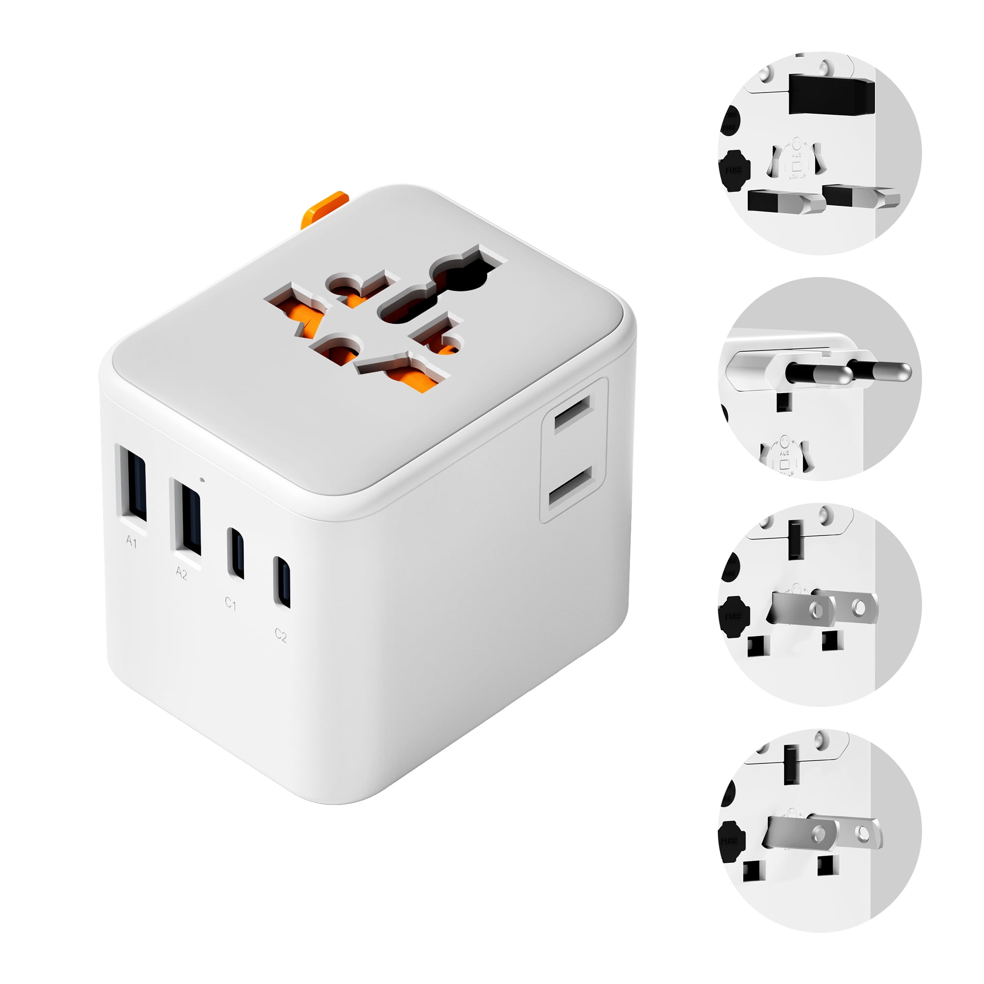 Universal Travel Plug Adapter, Type C/G/I/A Multiple Plug Options, 4 USB Ports (2 USB-C) 2 AC Outlets, International Wall Charger, Compact