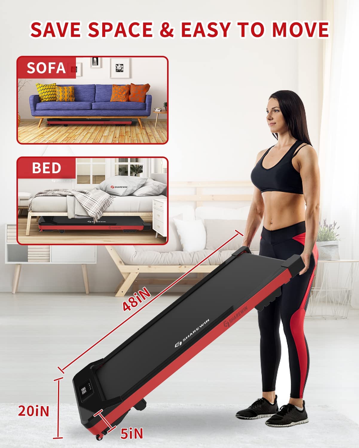 FreeLung Under Desk Treadmill Walking Pad Treadmill 300 lb Capacity Walking Exercise Machine with Remote Control and LED Display Red