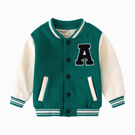 Linfrsh Kids Letterman Jackets Toddler Boy's Varsity Jacket Letter Graphic Color Block Collar Long Sleeve Baseball Jacket Streetwear (Green,12-18 Months)