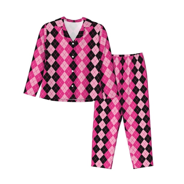 Balery pink and black argyle Conjunto de Pijama con Estampado para Mujer, Conjunto de Dos Piezas con Manga Larga, Ropa de Dormir Suave con Bolsillos, Pijamas Cómodos-Large