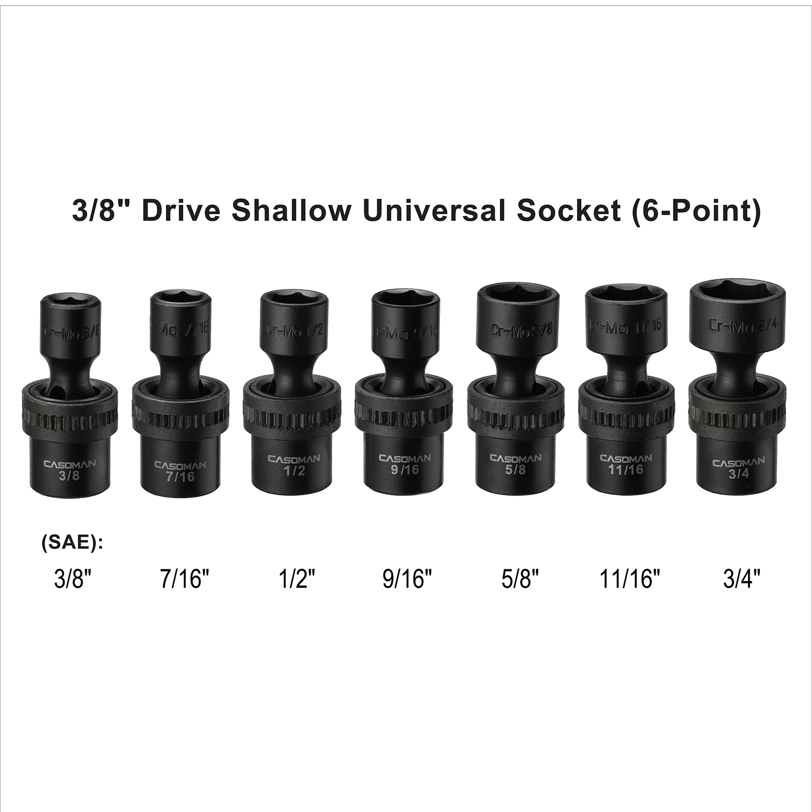 CASOMAN 3/8-Inch Drive Shallow Universal Impact Socket Set, SAE, Pieces  Set, 3/8-Inch to 3/4-Inch, 6-Point, Cr-Mo, Impact Grade