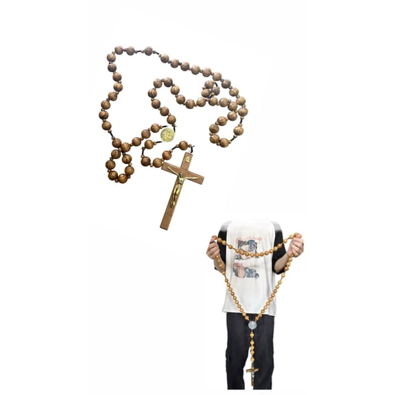 40 Inch with San Benito Medal Wall rosary Big Brown Wood Rosary Beads Catholic Wall Decor Catholic Gifts