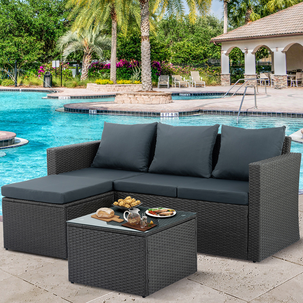Rattan Patio Sofa Set, 3 Pieces Outdoor Sectional Furniture, All-Weather PE Rattan Wicker Patio Conversation, Cushioned Sofa with Glass Table & Ottoman for Patio Garden Poolside Deck - image 1 of 10