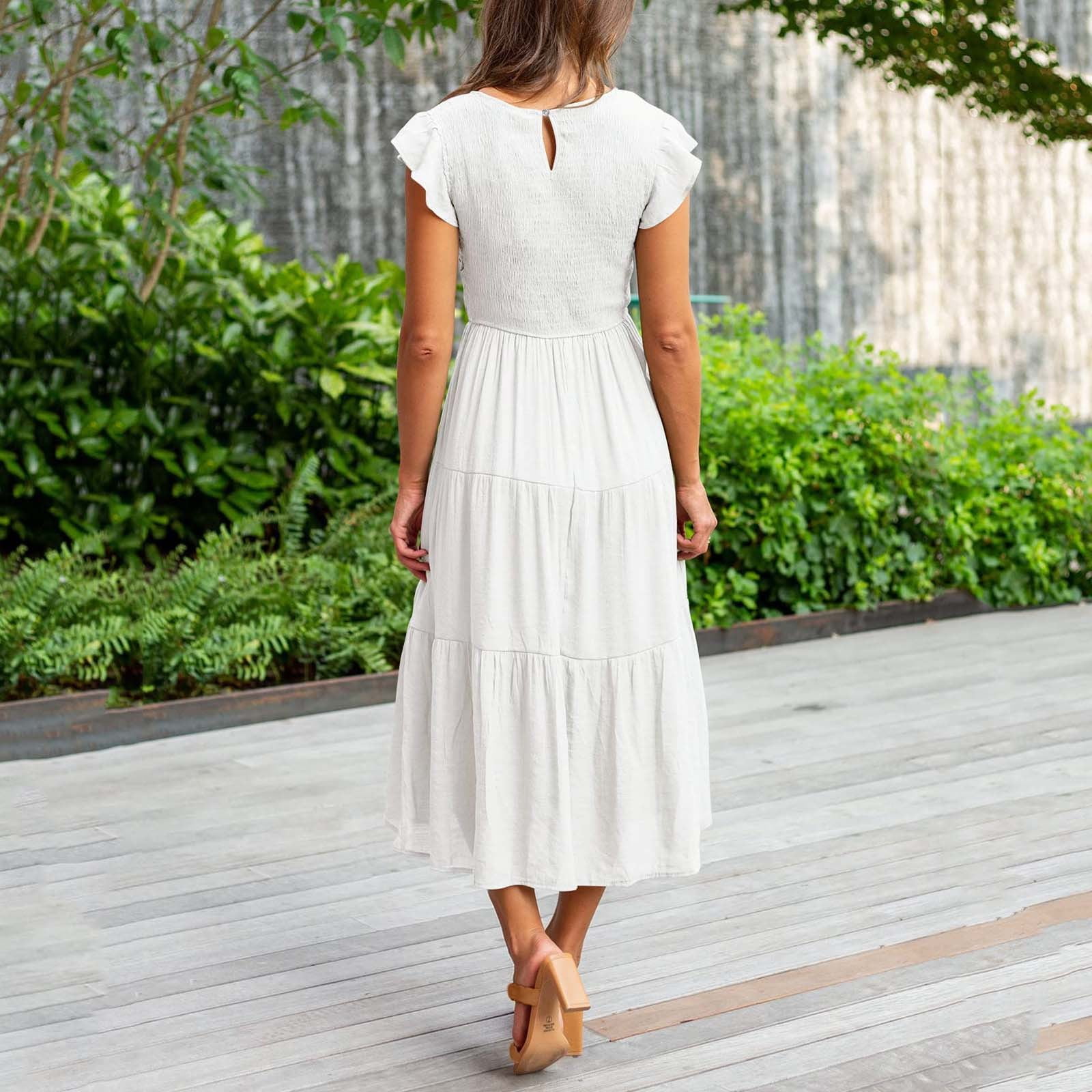 Womens Dresses Summer Midi Casual Flutter Short Sleeve Crew Neck Smocked  Elastic Waist Tiered Midi Graduation Dress For Women Midi - Walmart.com