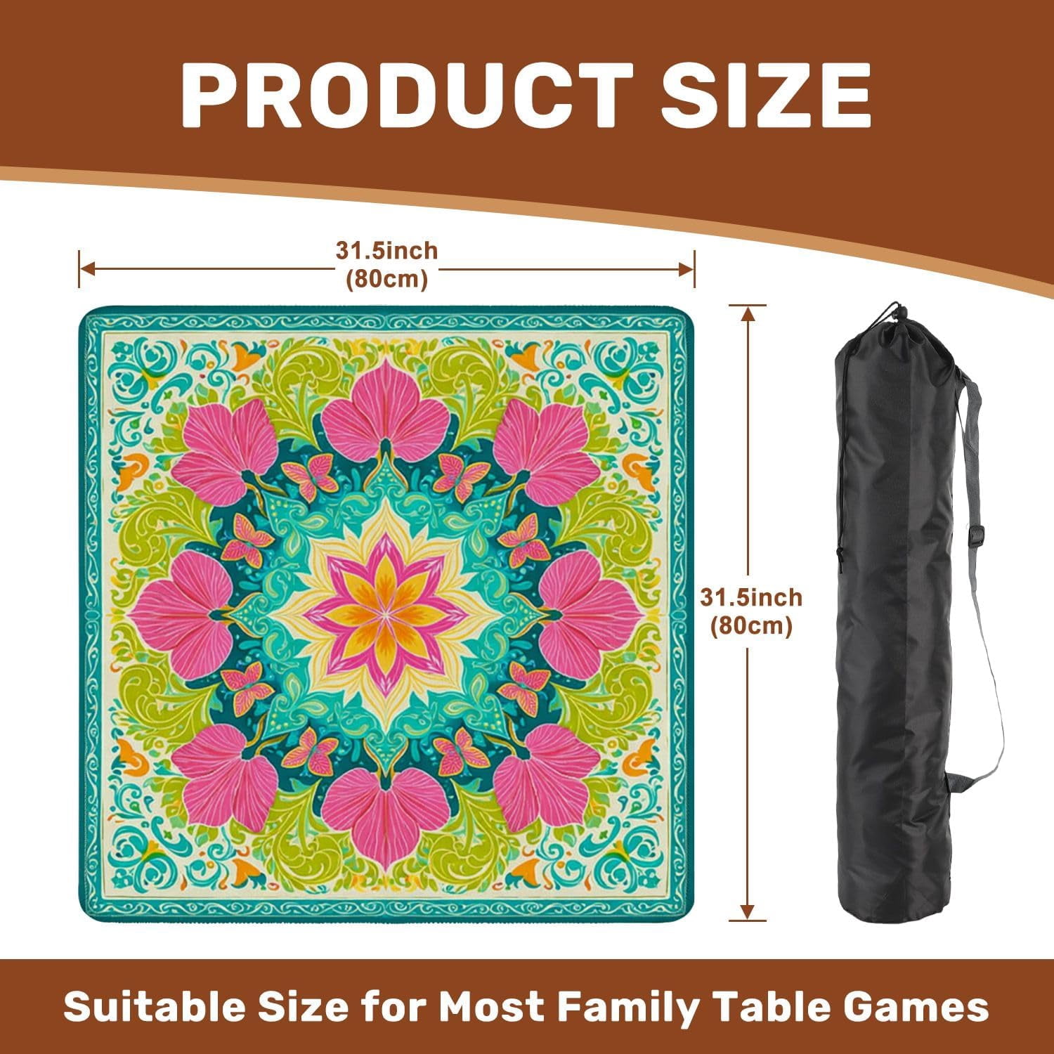 Mahjong Mat with Carrying Bag 31.5" x 31.5" Non-Slip Noise Reduction Floral Mandala Vibrant Pink Green Petals Teal Table Mat for Mahjong Poker Dominoes Card Board Tile Games