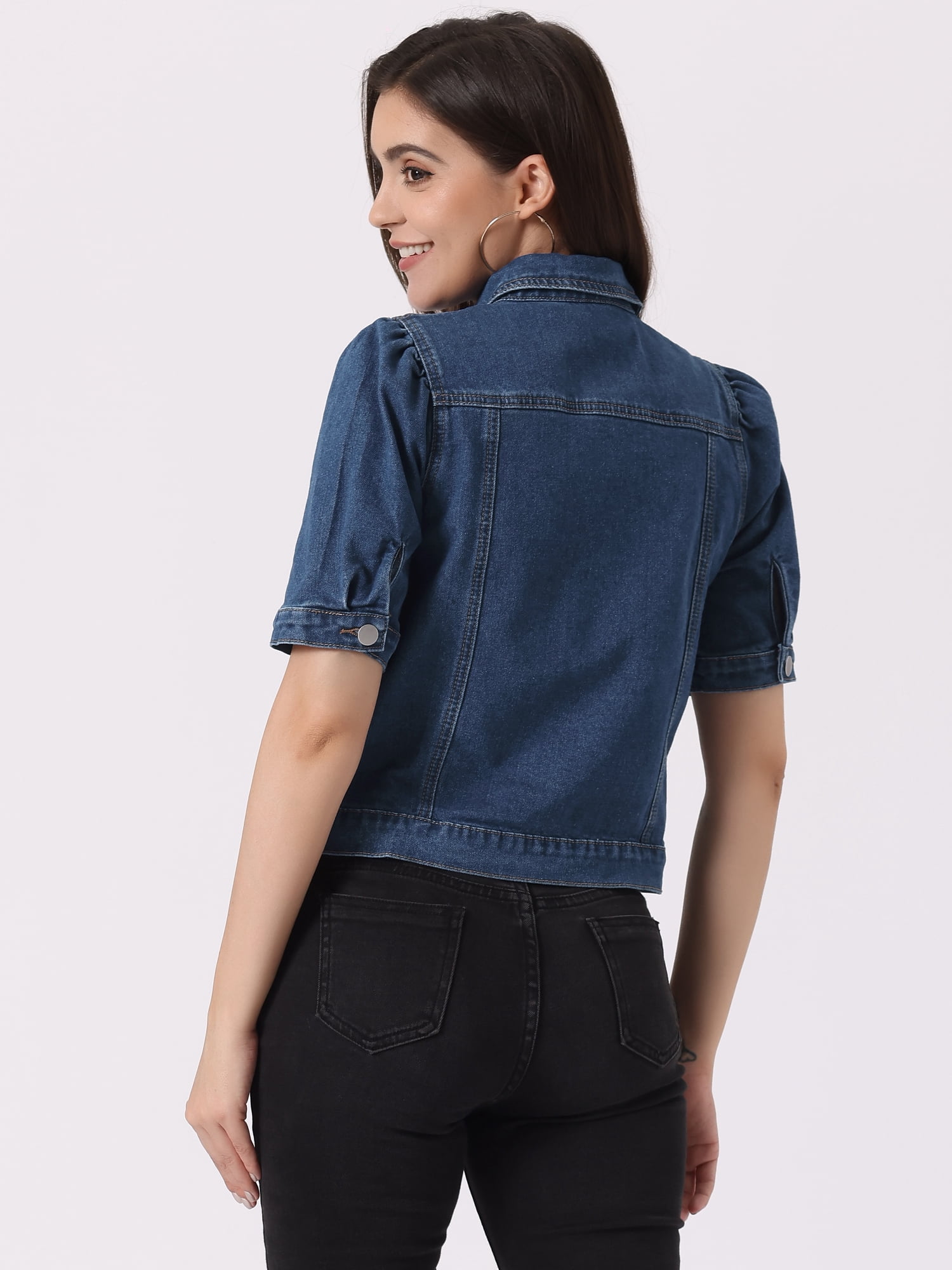 DARING DIVA Women's Short Puff Sleeves Button-Down Denim Jacket M Blue