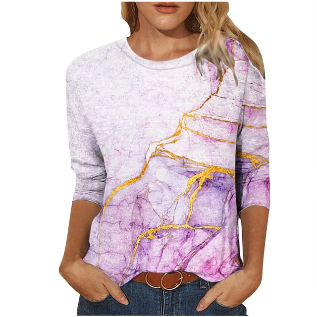 Camiseta estampada a la moda para mujer, blusa de manga 3/4 de longitud media, cuello redondo, camisetas informales Pompotops FGAJ2159