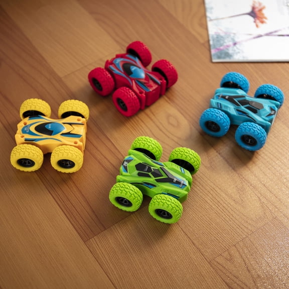 KingShop 4 Pack Child Friction Powered Fall-resistant Rotate 360 Degrees Inertial Double-sided Stunt Car Off-road Vehicle Toy Model