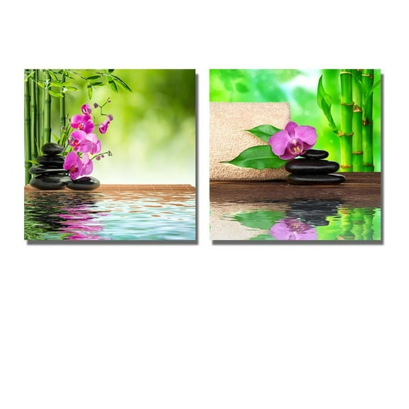 wall26 Pink Orchid Black Stone and Bamboo on Water Spa Treatment - Canvas Art Wall Art - 16"x16" x 2 Panels