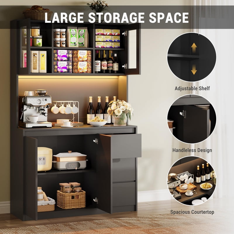 TROPOW Pantry Cabinet with Adjustable Shelf, Food Pantry with 4 Doors & 3 Drawers, Kitchen Pantry Cabinet with Built-in Power Hub for Dining Room