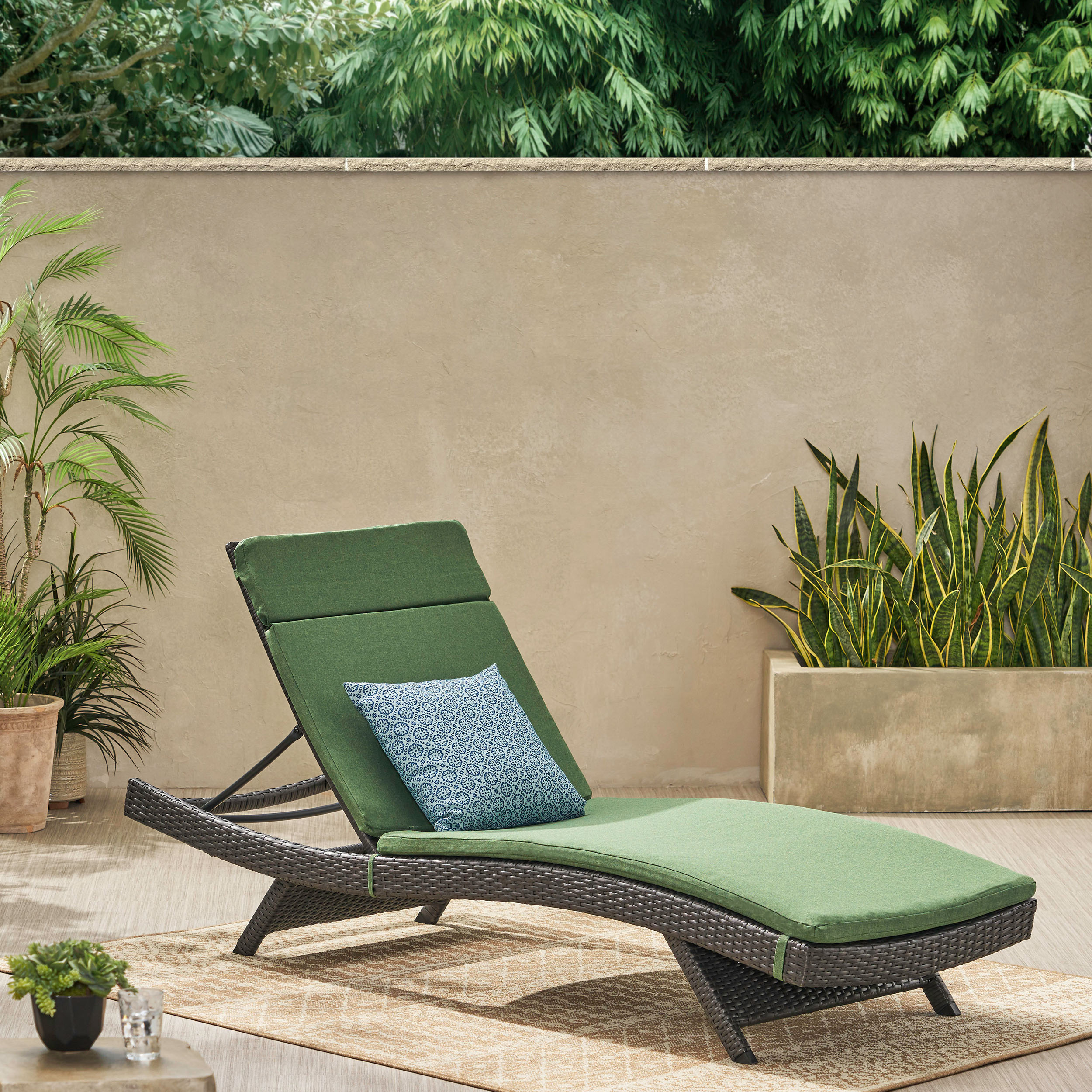 GDF Studio Olivia Outdoor Wicker Armless Adjustable Chaise Lounge with Cushion, Gray and Jungle Green - image 2 of 12