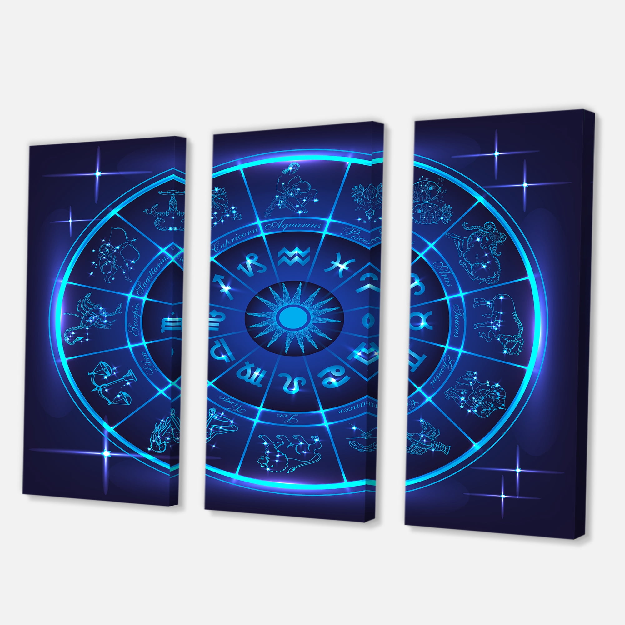 Designart ' Zodiac Signs With Neon Deep Blue Horoscope Circle ' Modern Canvas Wall Art Print