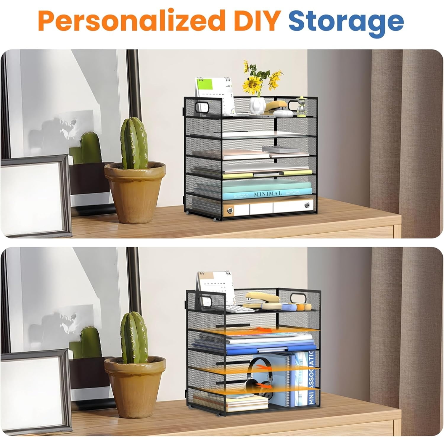 INTIGE 6 Tier Paper Organizer for Desk, Paper Letter Tray, Metal Mesh Desktop File Organizers with Handle for Office/Home