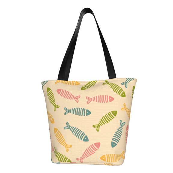 TEQUAN Reusable Shoulder Tote Bags, Funny Cute Fish Doodles Prints Polyester Casual Shopping Grocery Bag for Women