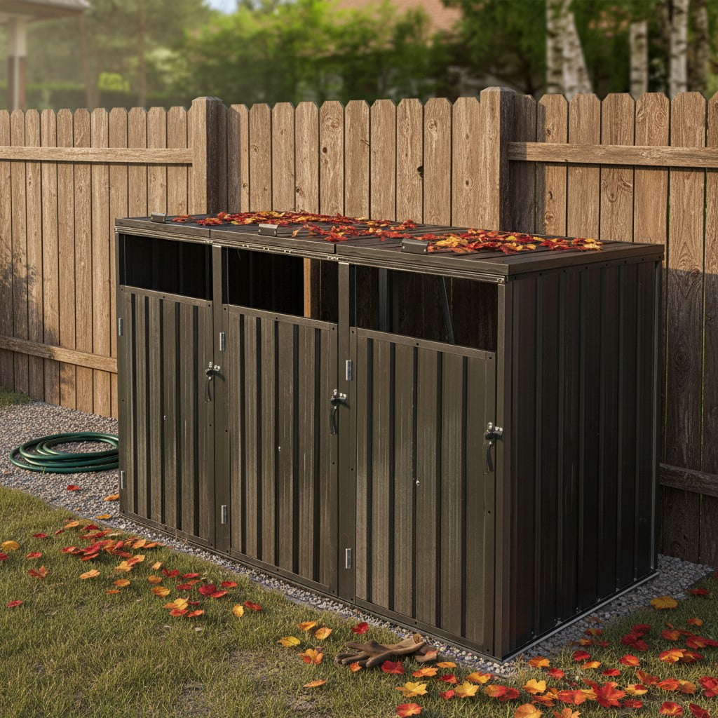Aukfa 7.3' W Outdoor Garbage Bin Storage, Metal Storage Shed for 3 Trash Cans Tools, Waterproof Trash Can Storage, Black