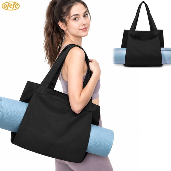 OFEFE Canvas Tote Bag with Yoga Mat Carrier Pocket Carryall Shoulder Bag for Office,Yoga Mat bag for Women,Workout,Pilates,Travel,Beach and Gym,Black