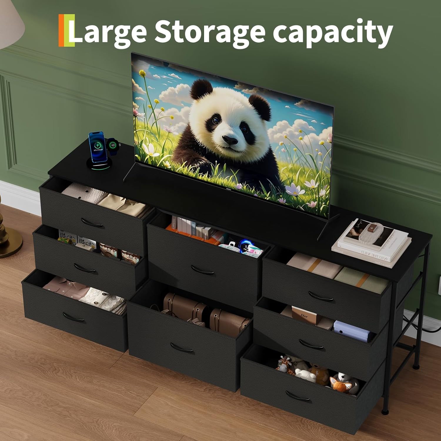 63 Inch TV Stand Dresser for Bedroom, 8 Fabric Drawers, for 65 70 75 Inch TV, Entertainment Center with Storage Media TV Console Table