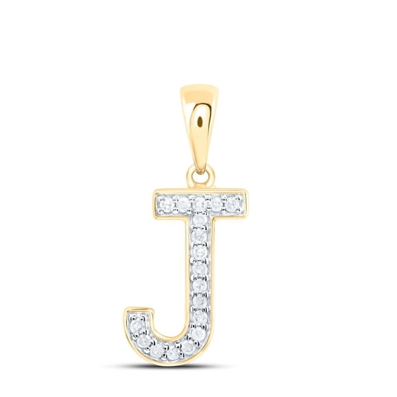 10K Yellow Gold Real Diamond Women's Block Font Initial J Letter Pendant 1/12 CT