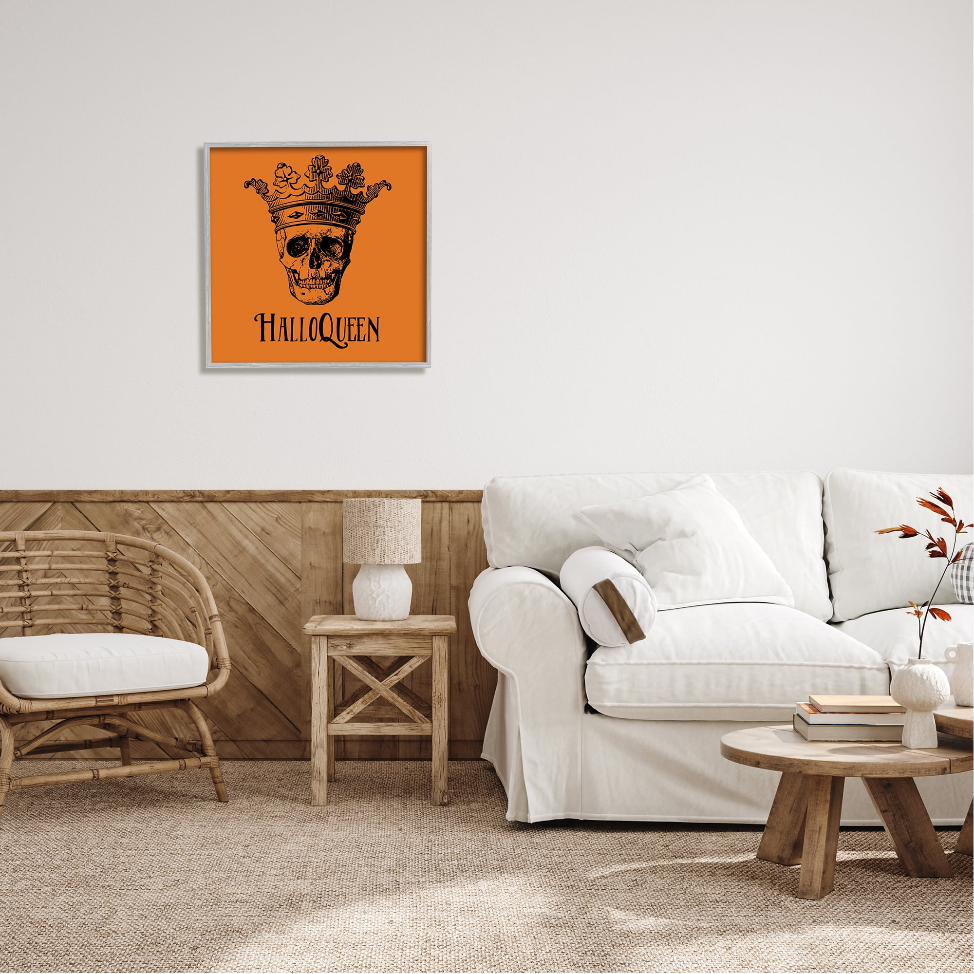 Stupell Industries HalloQueen Skull in Crown Holiday Painting Gray Framed Art Print Wall Art, 24 x 24