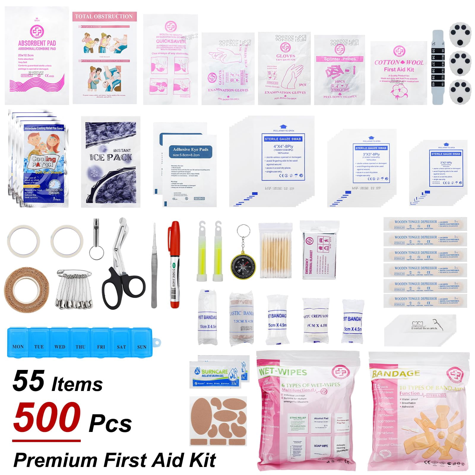 Professional 500 Piece Emergency First Aid Kit For Home  Car Travel Camping Truck Hiking Sports Office Vehicle & Outdoor Emergencies - Large