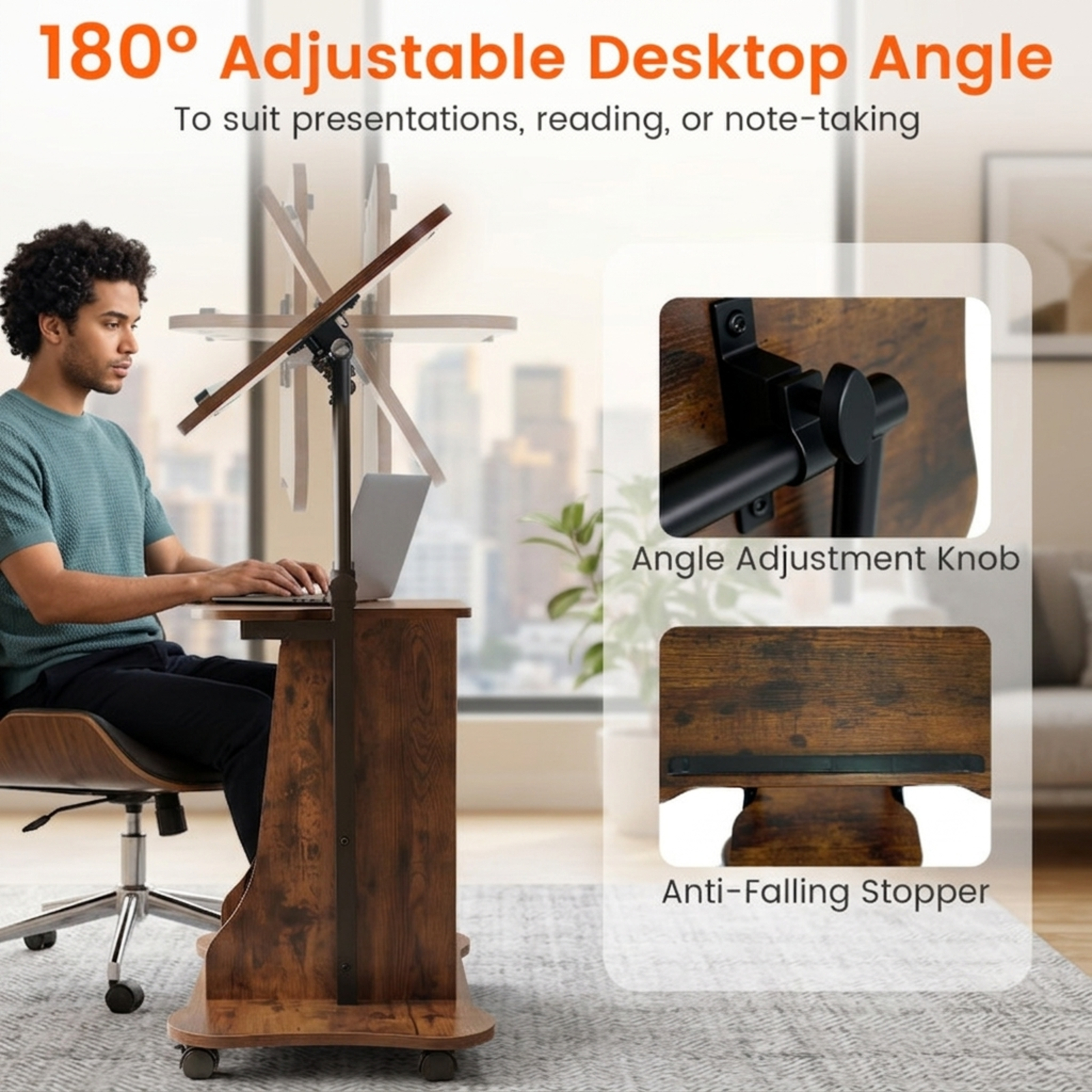 Furnibear Adjustable Mobile Standing Desk Cart with Tilting Top Storage Cabinet and Lockable Wheels for Home Office and School, Rustic Brown