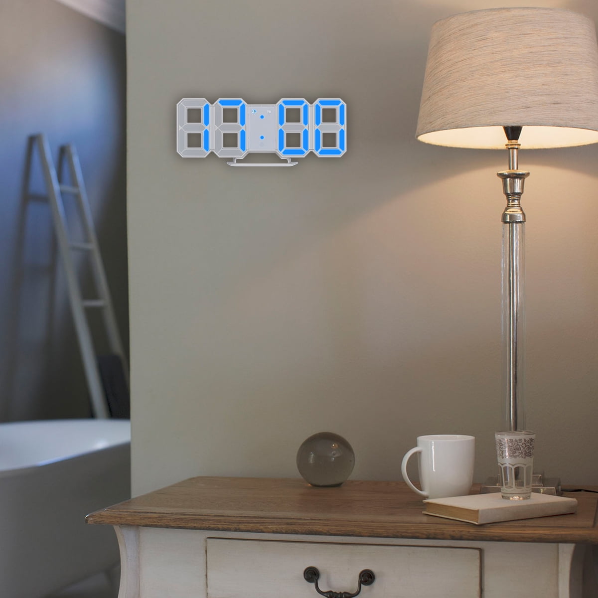 Blue LED Digital Numbers Wall Clock with 3 levels Brightness Alarm Snooze Clock
