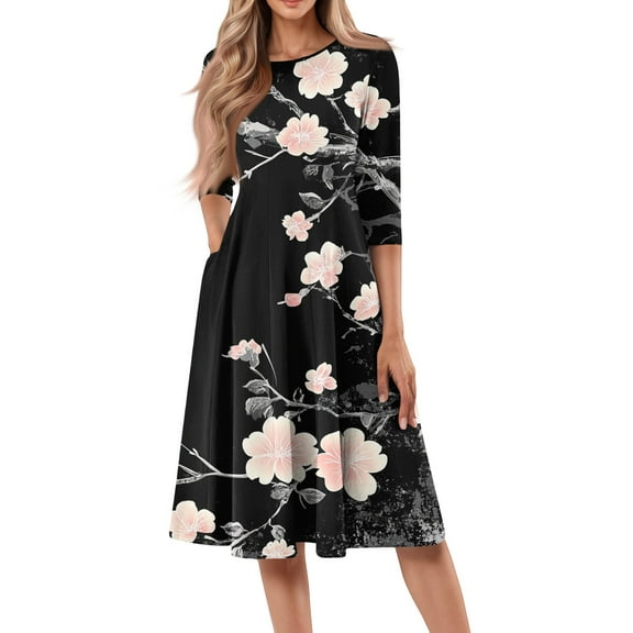 WTOBBY Women's Casual Round Neck Floral Print 3/4 Sleeve Midi Dress, Stylish Digital Pattern Dress with Comfort Fit for Everyday Elegance,Black L