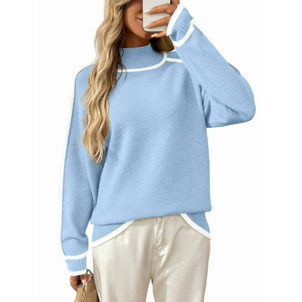 Suéteres de Otoño para Mujer, Modernos, Bonitos y Acogedores, de Cuello Alto, de Larga y Punto con Bloques de Color. Azul S