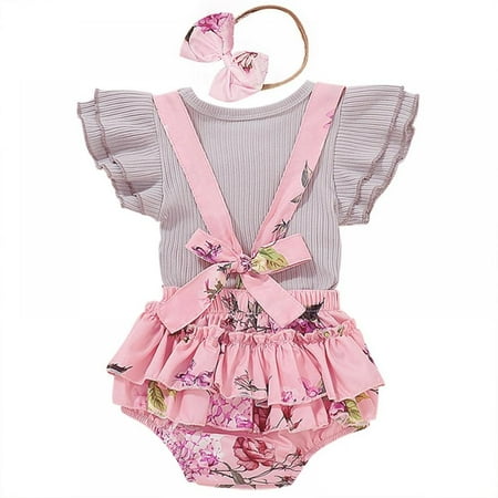

URMAGIC Newborn Baby Girls Summer Clothes Sets Ruffle Sleeve T-Shirt Floral Suspender Shorts 0-24 Months