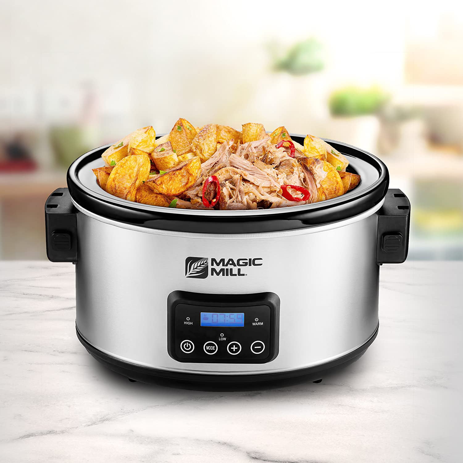 MAGIC MILL 5 QT GRAY SLOW COOKER WITH FLAT GLASS COVER AND COOL TOUCH  HANDLES MODEL# MSC530