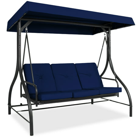 Best Choice Products 3-Seat Outdoor Converting Canopy Swing Glider Patio Hammock w/ Removable Cushions - Navy
