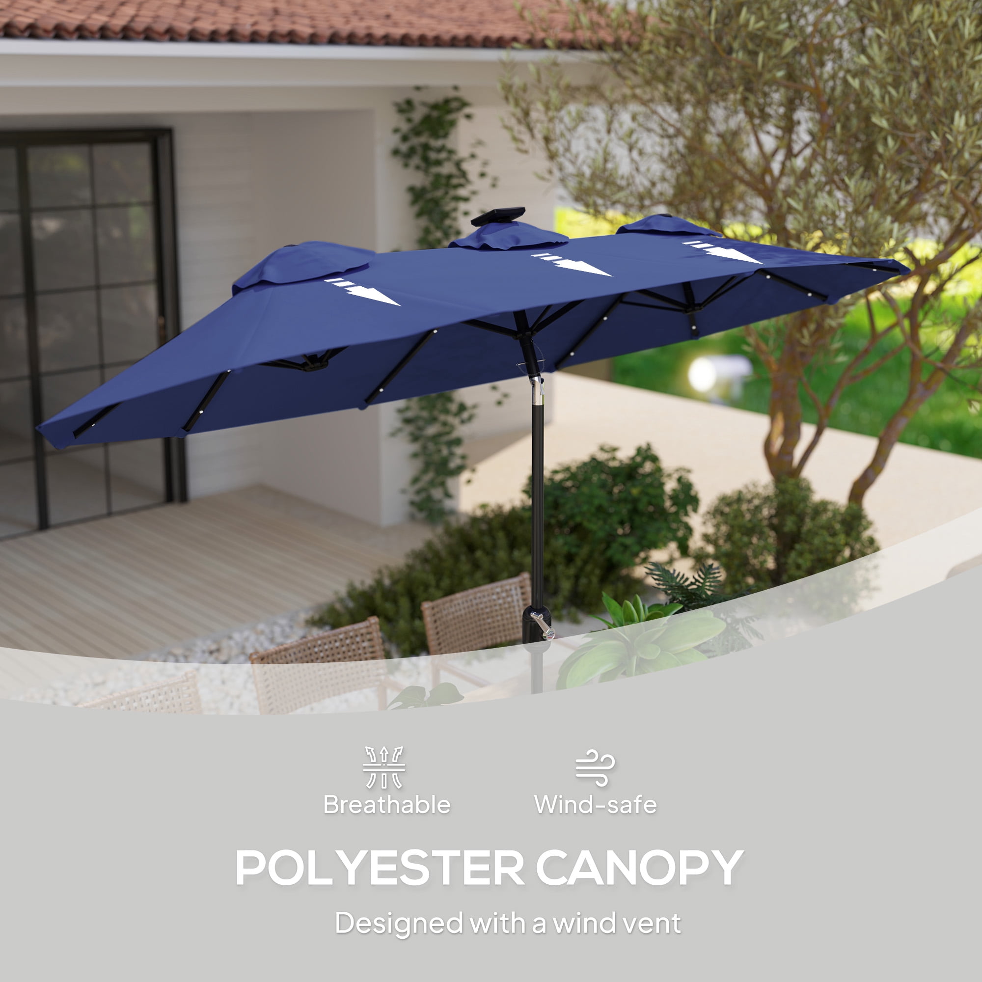 Outsunny 9.7' Double-sided Patio Umbrella with LED Solar Light, Tilt and Crank, Outdoor Umbrella, Navy Blue