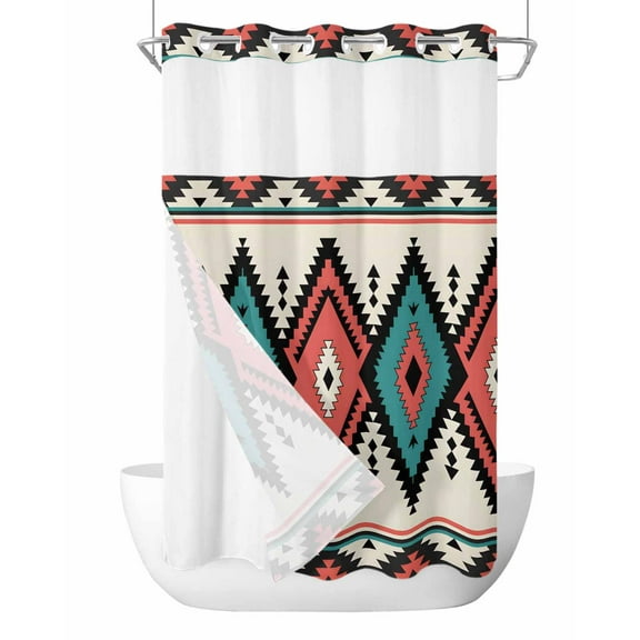 No Hook Cloth Fabric Shower Curtain with Snap in Liner, Aztec Southwest Waterproof Shower Curtains Set with See Through Top Window, Geometric Red Blue Tribes Retro Bath Curtains Shower 36"x72"