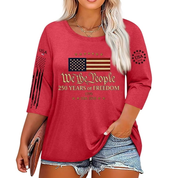Trgacdwlo XL-5XL 1776-2026 250 Anniversary USA T Shirt Flag Print Plus Size Shirts for Women 3/4 Sleeve Independence Day Freedom Fourth of July Shirts for Women