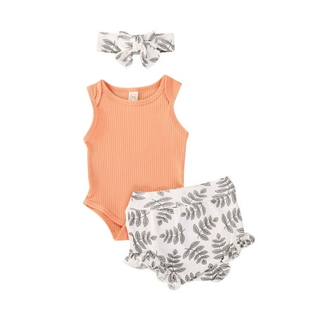 

Canrulo Newborn Baby Girls Summer Outfits Knitted Sleeveless Romper Jumpsuit Banana Ruffle Shorts Summer Outfits Orange 0-6 Months