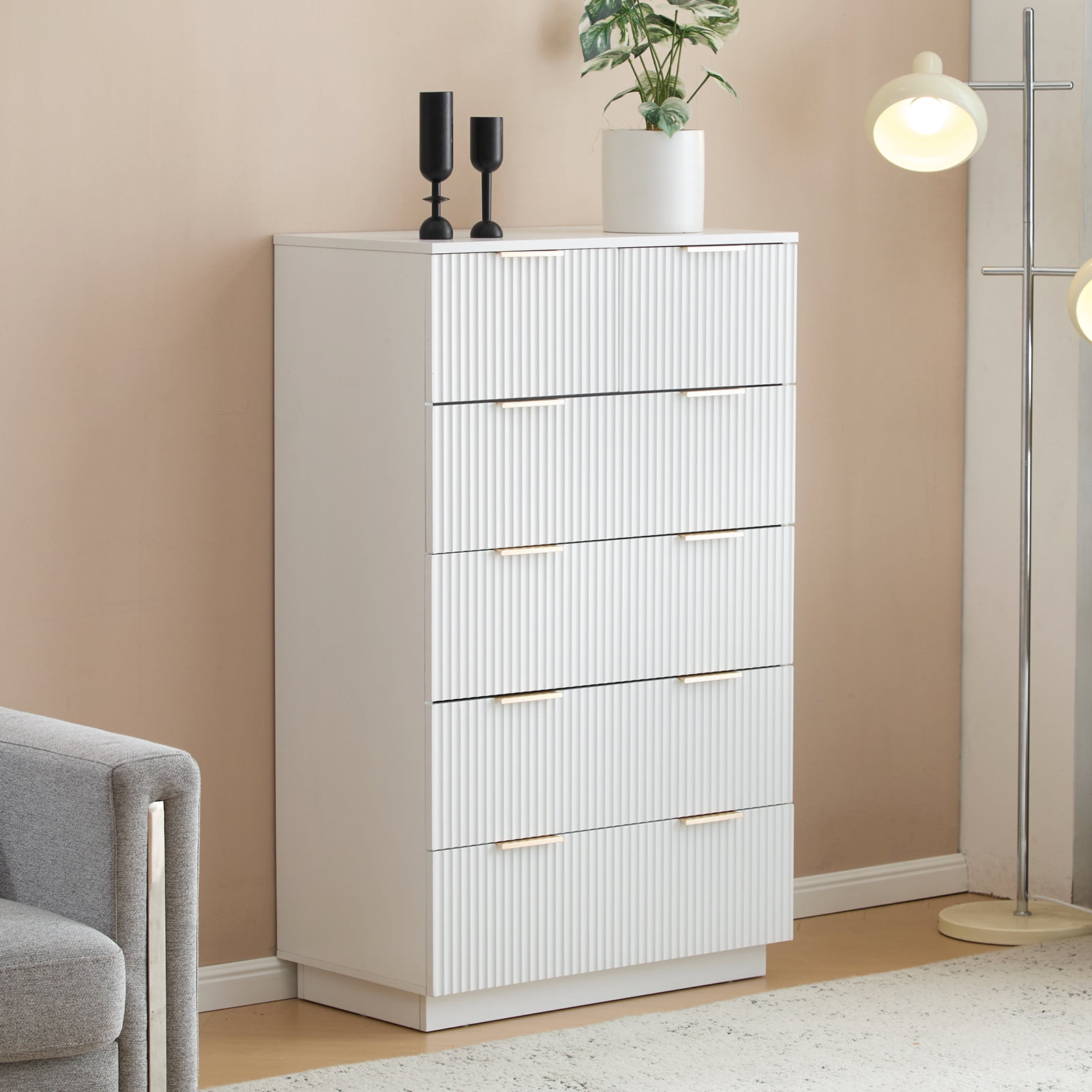 Five-Level Cabinet with Six Drawer, White P2 Particle Board and Density Board Wavy Pattern Drawer