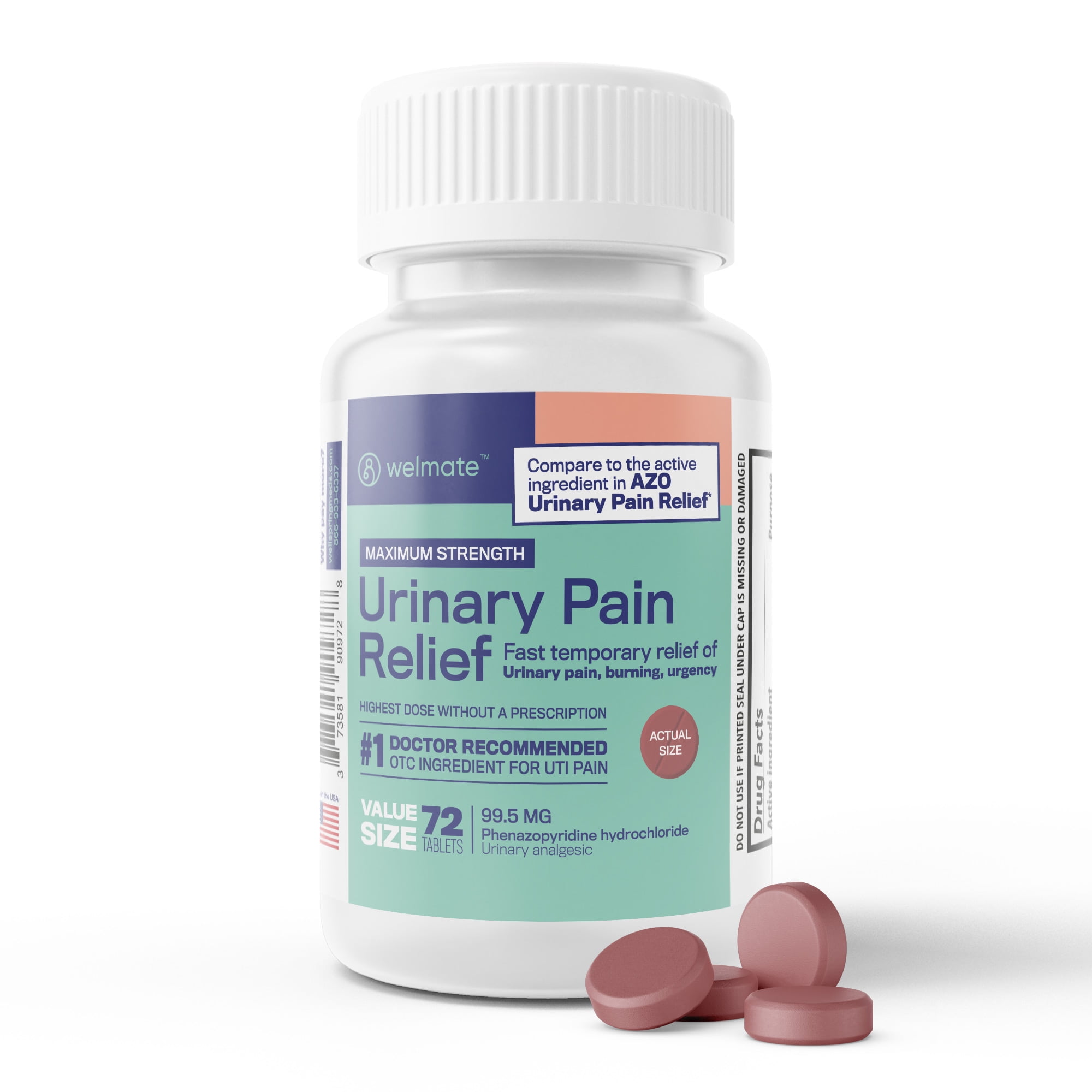Welmate Urinary Pain Relief | 72 Count Tablets | Phenazopyridine Hcl 99.5 mg | Maximum Strength | Compare to AZO