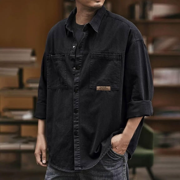 Men's Retro Work Shirt Jacket, Long Sleeve Button Down Casual Outerwear, Loose Fit Shacket with Pockets, Relaxed Fit Trucker Style Jacket for Men Black L/一点