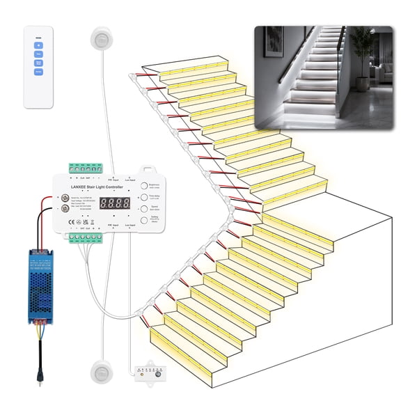 Open Box Intelligent Motion Sensor Stair Light System 20-Step Cold White 6000K, Smart PIR Indoor Staircase Lighting Kit with COB LED Strip, DIY Intelligent Stair Light for Home Renovation