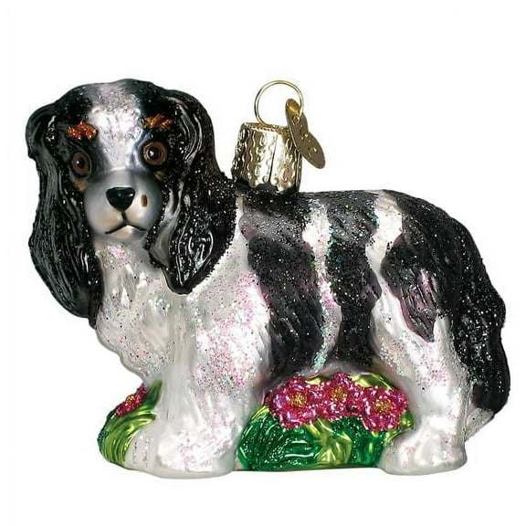 Old World Christmas Black/White King Charles Spaniel Glass Blown Ornament for Christmas Tree