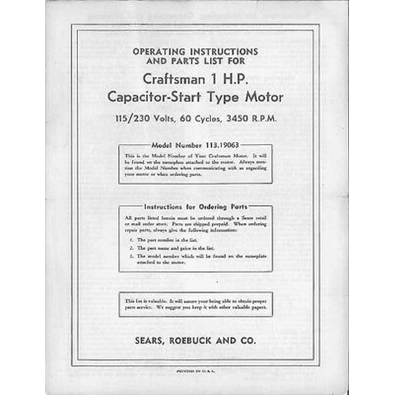 1950s Craftsman 113.19063 Capacitor-Start Electric Motor Instruction Manual REPRINT