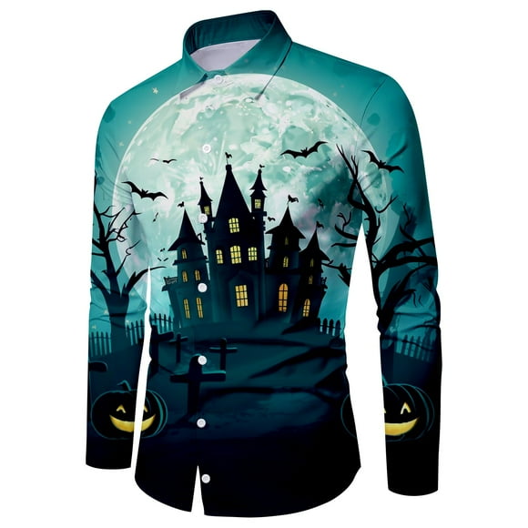 SNOWSONG Clearance! Halloween Shirts for Men, Button Down Shirt Men's Fashion Casual Halloween Printed Long Sleeve Shirt Slim Lapel Shirt, Long Sleeve Shirts, Graphic Shirt Blue S